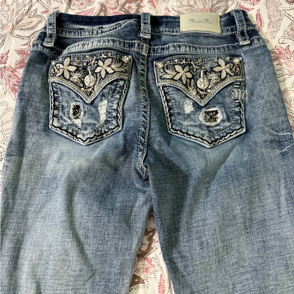 Miss Me Blue Boot Cut Jeans with Ornate Embellishments